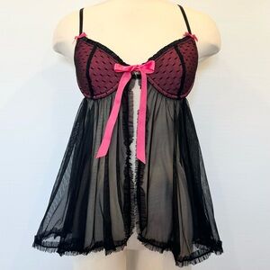 Y2K Victoria’s Secret Pink Black Lace Mesh Flyaway Babydoll Slip Dress 36C 🔥